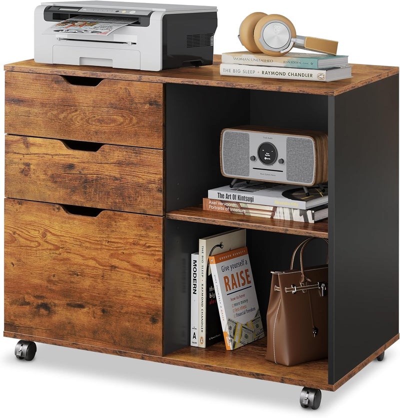 DEVAISE 3-Drawer Wood File Cabinet, Mobile Lateral Filing Cabinet, Printer Stand with Open Storage Shelves for Home Office, Rustic Brown - Image 1